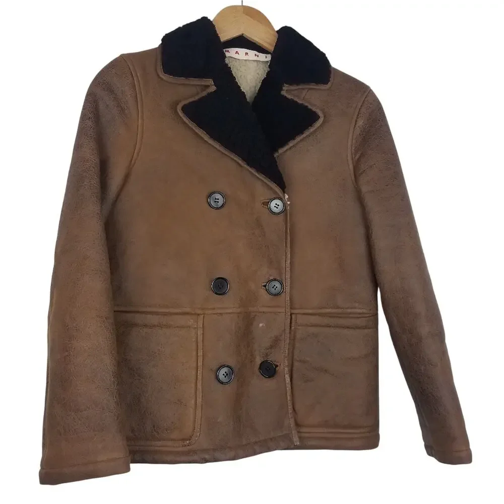 Marni | Brown Leather & Sheepskin Jacket Black Collar 40 Small